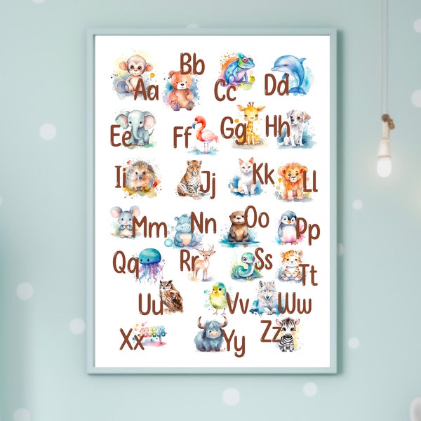 ABC Alphabet Poster Kunstdruck, Tieralphabet, Buchstaben, A-Z, Alphabetposter, Buchstabenposter, Kinderzimmer, Aquarell Illustratrion Plakat