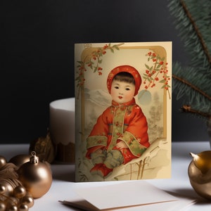 Vintage afdrukbare feestelijke kaart, Aziatisch meisje, x-mas, kerstkaart, Weihnachten, Karte, POC, Chinees, Instant digitale download