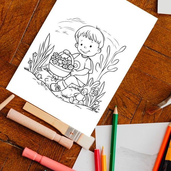 Easter Coloring Page, Boy, Easter Eggs, Kids and Adults, cute, Ostereier, Ostern Ausmalbilder, Malvorlage Osterkorb, printable,download