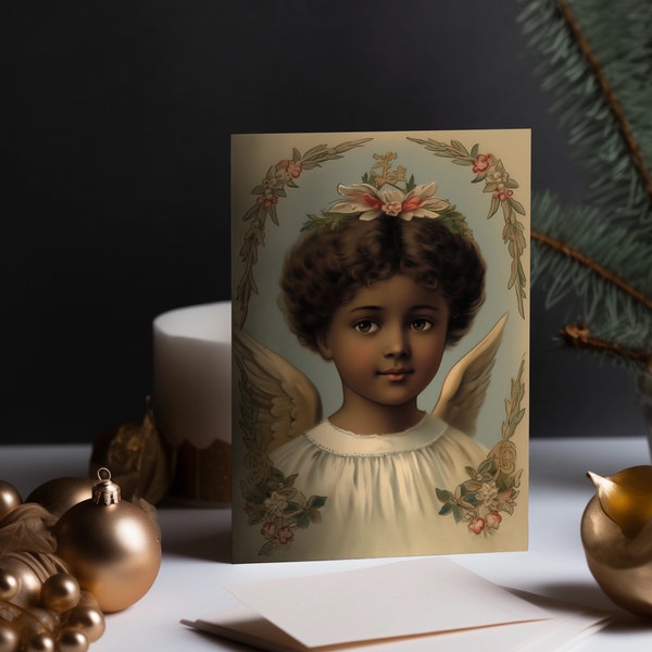 Vintage printable Christmas Card Angel, Black Girl, x-mas, Weihnachten, Engel, Karte, POC, Instant digital download