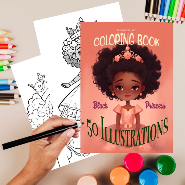 50 Black Princess Girl, Coloring Book, kids POC, African, dunkelhäutiges Mädchen Ausmalbuch, Schwarz, Malvorlagen Kinder,printable,download