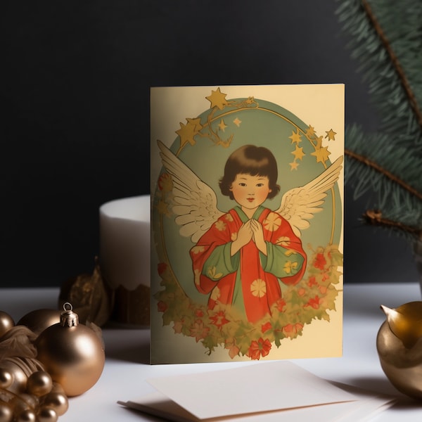 Vintage printable Christmas Card Angel, Asian Girl, x-mas, Weihnachten, Engel, Karte, POC, Instant digital download