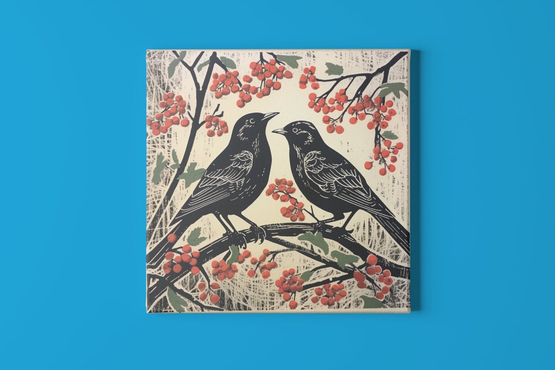 Fascinating Meeting: Two Crows in Linocut Print Romantic - Etsy