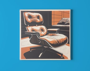 Classic Eames lounge chair in linocut print - Stylish work of art for furniture lovers - Iconic design in craftsmanship