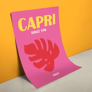 Könnte beinhalten: Ein pinkfarbenes Poster mit dem Wort "CAPRI" in Gelb, "DOLCE VITA" darunter und einer roten Blattillustration. Das Wort "ITALY" steht unten. Das Poster lehnt an einer gelben Wand.