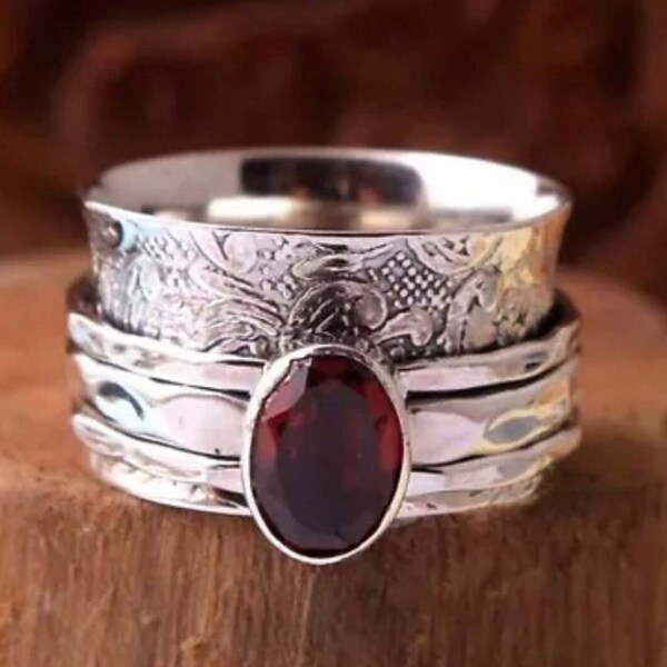 Red Garnet Ring, 925 Silver Ring, Handmade Ring, Spinner Ring, Natural Garnet, Designer Ring, Band Ring, Garnet Jewelry, Spinner Jewelry