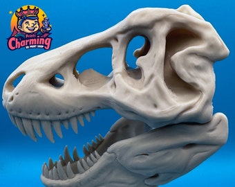 Gelede T-Rex schedel 3D-print - gedetailleerd dinosaurusbureaudecor in marmer en bot wit PLA