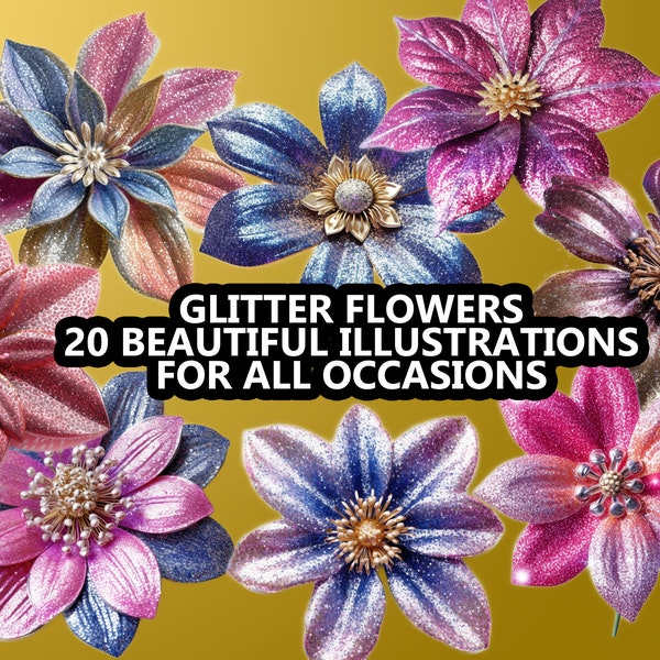 20 Summer Glitter Flower Clip Art - Close-Up Blooms for Sparkling Creations