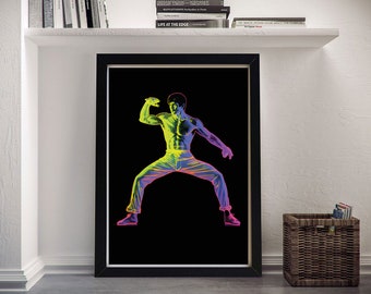 Enter the Blacklight: Bruce Lee Electrifying Printable Illustration - Martial Arts Icon Meets Psychedelic Art