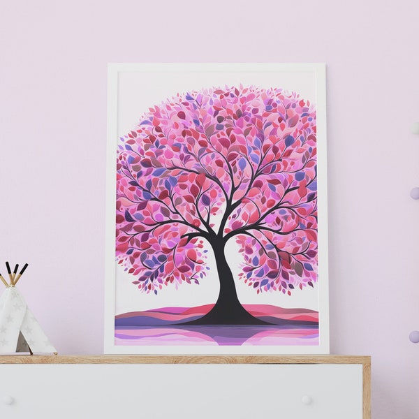 Pink Tree Wall Art Printable Painting Downloadable Poster, Purple and Pink Whimsical Tree Print, Pink Home Decor for Girls Nursery Bedroom