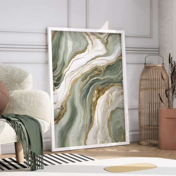 Printable Download Sage Green Marble Wall Art, Agate Slice Geode Gold White Modern Abstract, Neutral Minimalist Aesthetic, Green Home Decor