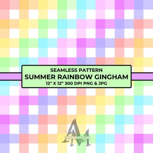 Può includere: Un motivo senza cuciture a quadretti arcobaleno, composto da una griglia di quadrati color pastello. Il testo nell'immagine recita "SUMMER RAINBOW GINGHAM 30,5 cm x 30,5 cm 300 DPI PNG & JPG".