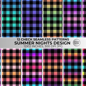 May include: A collection of 12 seamless plaid patterns in various colors, including pink, blue, and orange, with black squares. The patterns are 12x12 inches and are labeled "Summer Nights Design". The image also includes the text "Without Glitter".