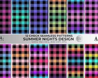 ネオンギンガムシームレスパターン：レトロチェックファブリックタイル（デジタルダウンロード）