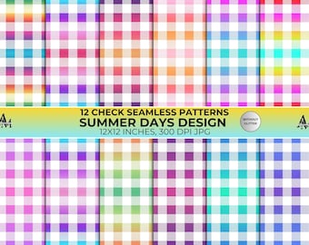 夏のギンガムチェック柄シームレスパターン：レトロなレインボーチェック、ファブリックタイル（デジタルダウンロード）