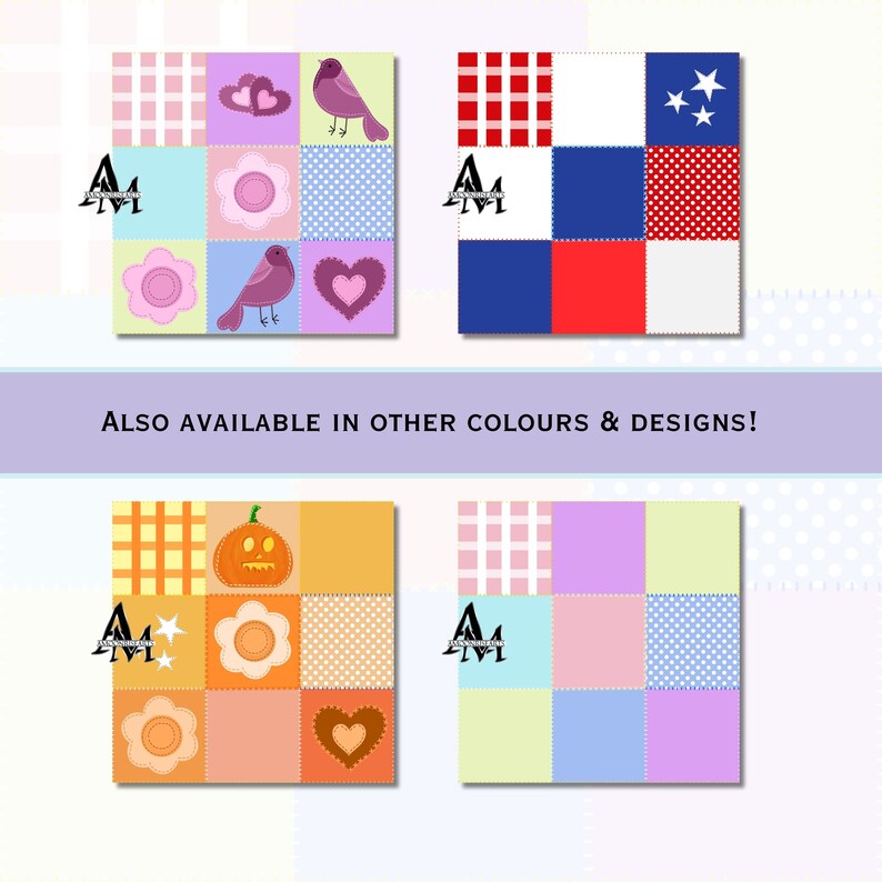 以下が含まれることがあります： 様々な模様と画像が描かれた9つの正方形で構成された、カラフルなパッチワークデザインのコレクション。鳥、ハート、花、カボチャなどのデザインがあります。「ALSO AVAILABLE IN OTHER COLOURS & DESIGNS!」というテキストも表示されています。