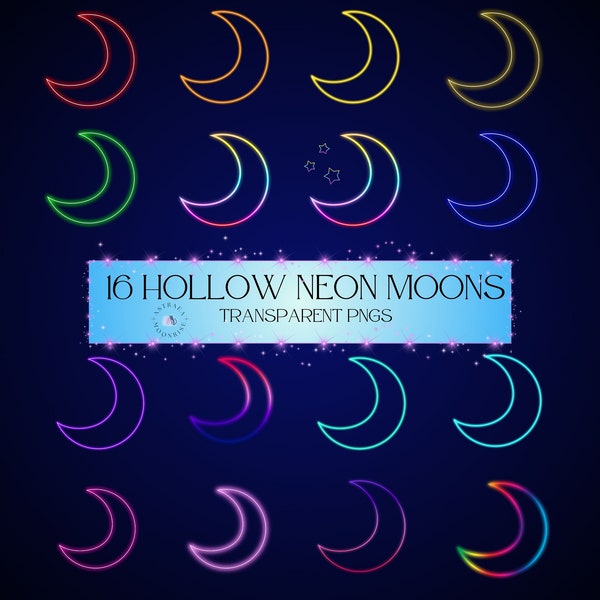 Neon Moon PNG, Glowing Crescent Moon Clip Art Set, Lunar Night Sky PNG, Visual Effect, Transparent PNG, Set of Moon Neon Clipart