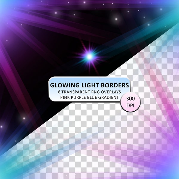 Glow Light Effect Borders Artistic Overlay PNG files, Blue Purple Pink Gradient Glowing Frame for Photos & Social Media, Colourful Starburst