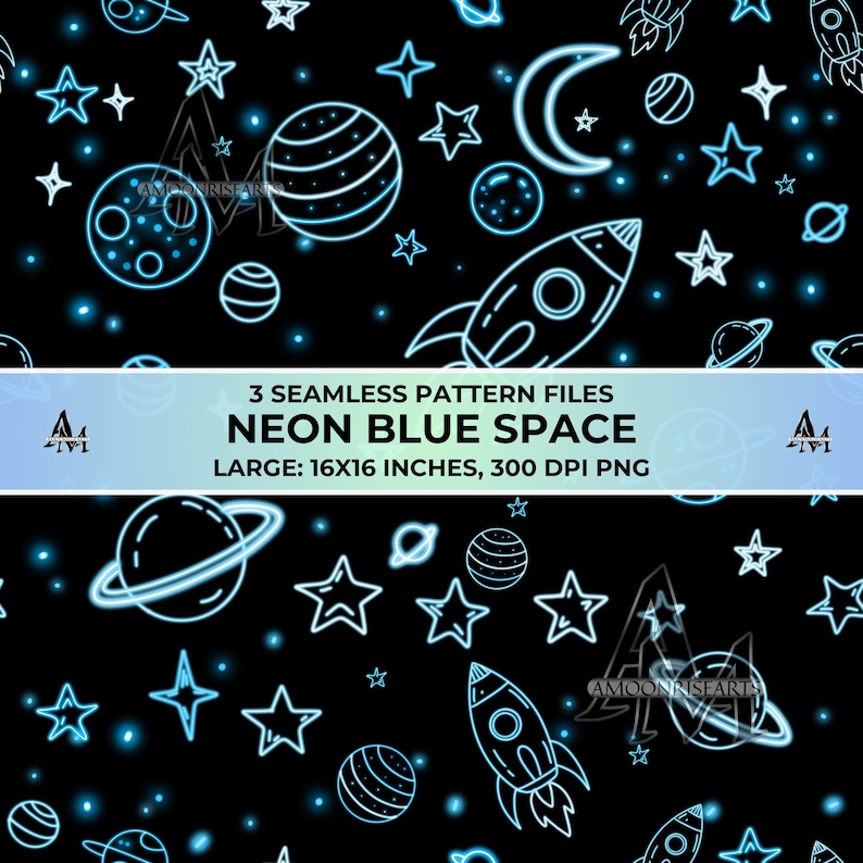 Neon Blue Outer Space Seamless Pattern, Glowing Stars (digital Paper ...