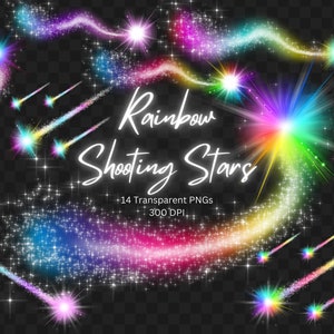 May include: Digital artwork showcasing a selection of rainbow shooting stars. The image includes multiple star trails in various colours, with the text "Rainbow Shooting Stars" in a cursive font. The image also includes the text "14 Transparent PNGs 300 DPI."