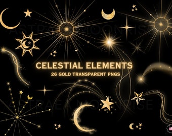May include: A collection of 26 gold transparent PNG celestial elements, including stars, moons, suns, and shooting stars, on a black background. The text "CELESTIAL ELEMENTS" and "26 GOLD TRANSPARENT PNGS" are also visible.