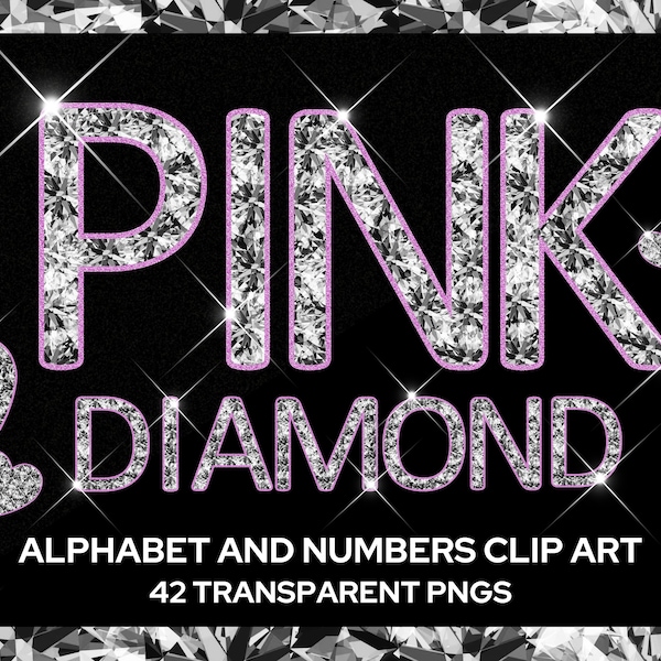 Diamond Alphabet Clipart, Pink Diamond Letters & Diamond Numbers Transparent PNG Clip Art, Instant Download Doodle Letters Glitter Letters