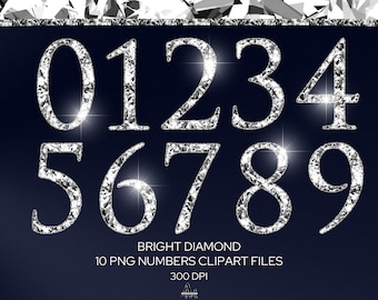 May include: A digital graphic showing the numbers 0 to 9, each with a sparkling diamond texture. The numbers are set against a dark blue background with a diamond border at the top. Text at the bottom reads "Bright Diamond 10 PNG Numbers Clipart Files 300 DPI."