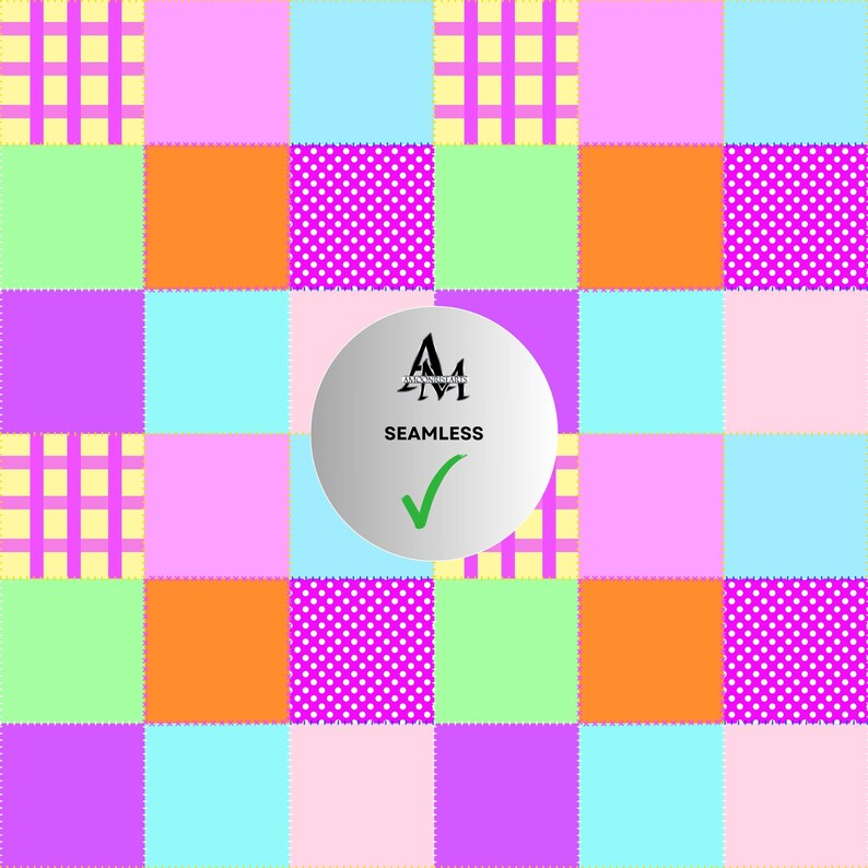 以下が含まれることがあります： ピンク、紫、オレンジ、緑、青など、さまざまな色の正方形が特徴のカラフルなパッチワークパターン。水玉模様や格子柄の正方形もあります。「SEAMLESS」という文字とチェックマークが入った白い円が中央にあります。