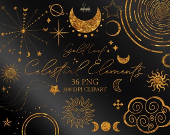 Goldene himmlische Clipart, Sonnen, Monde, Sterne PNG (digitaler Download)