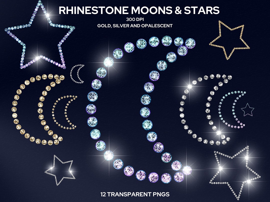 Rhinestone Star and Moon PNG, Set of Diamond Crescent Moon & Star ...