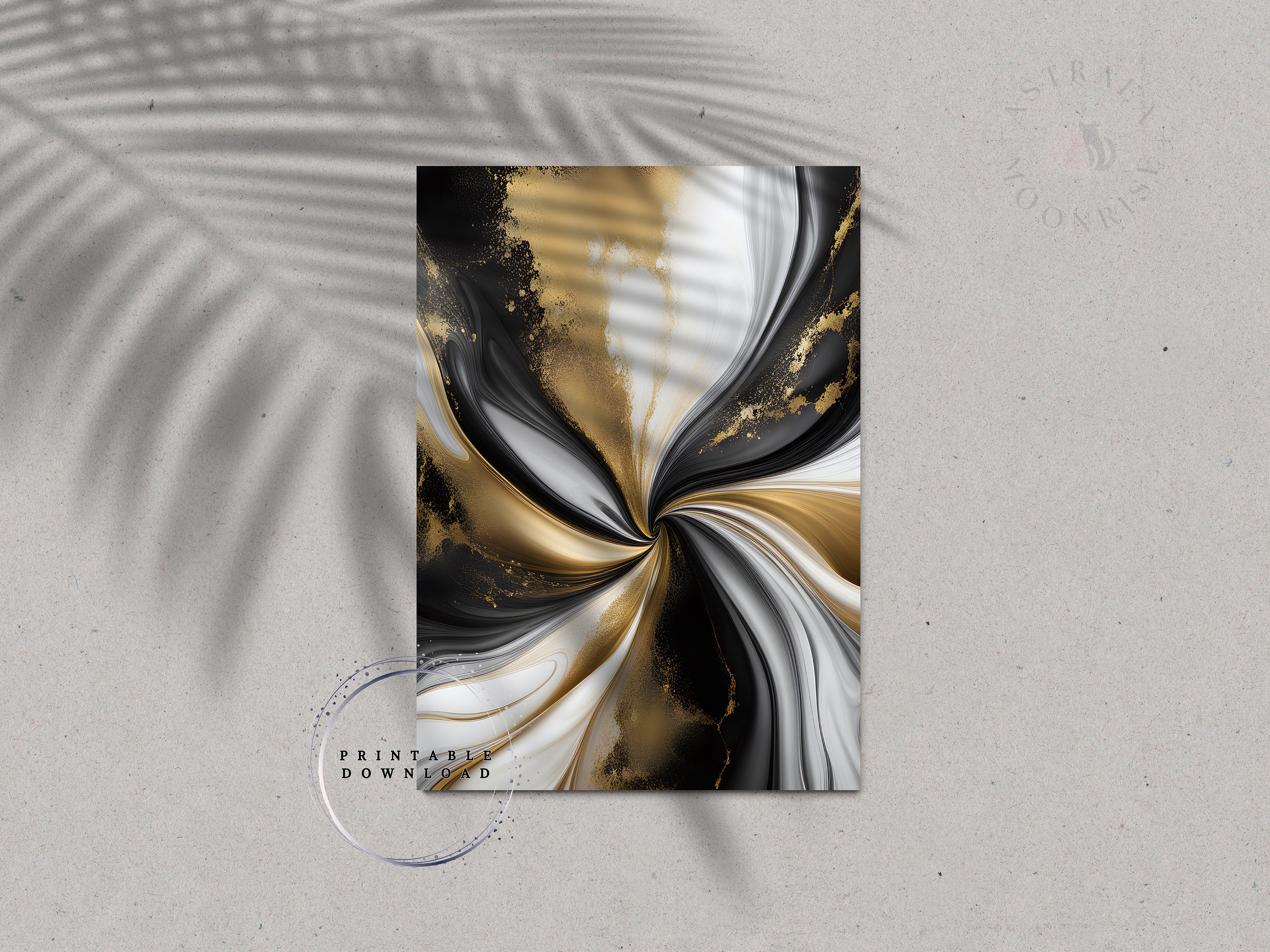 Black and White Gold Wall Art, Printable Living Room Decor, Marble