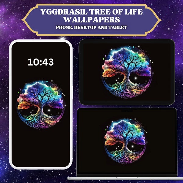 Yggdrasil Wallpaper Set for Desktop Computer, Phone, iPad, iPhone, Tablet, Laptop, MAC. HD Cosmic Rainbow Tree of Life with Dark Background