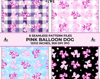 ピンクのバルーンドッグシームレスパターンファイル、チェック柄の背景を持つピンクのバブルドッグの繰り返しパターン6枚セット、デジタルペーパー、布地印刷