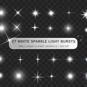 Puede incluir: Una colección de 27 explosiones de luz blanca brillante en varios diseños de explosiones estelares y destellos. La imagen incluye una variedad de formas y tamaños, con un fondo transparente. El texto en la imagen dice: "27 WHITE SPARKLE LIGHT BURSTS PNG | LARGE CLIPART GRAPHICS | 300 DPI."
