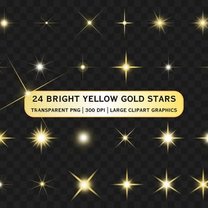 May include: A collection of 24 bright yellow gold star clipart graphics. The stars vary in design, with different numbers of points and varying levels of brightness. The text on the image reads "24 BRIGHT YELLOW GOLD STARS".