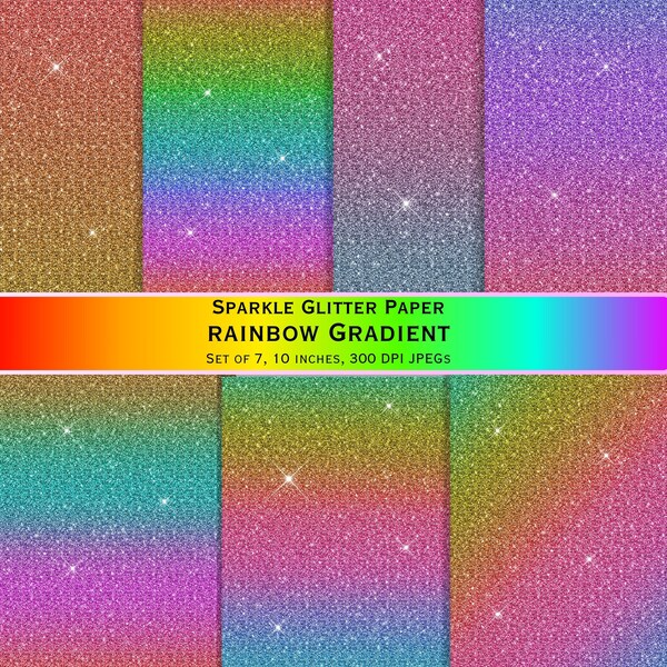 Rainbow Glitter Digital Paper Pack, Scrapbook Paper Clipart Instant Download, Sparkle Glitter Rainbow Paper, Rainbow Gradient Background Set