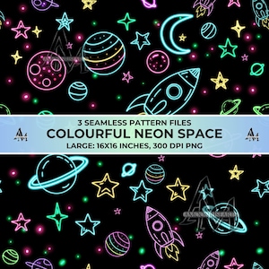 Puede incluir: Archivo de patrón sin costuras con elementos espaciales de neón coloridos sobre un fondo negro. El diseño incluye cohetes, planetas, estrellas y lunas en colores neón vibrantes. El texto dice "COLOURFUL NEON SPACE".