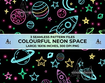 ネオンスペースシームレスパターン：手描きの布プリントファイル（デジタルダウンロード）ジェンダーニュートラルデザイン