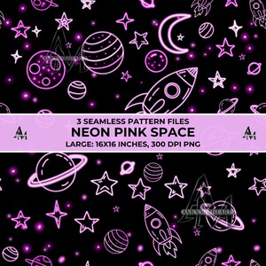 Può includere: Design a motivo continuo con elementi spaziali rosa neon su sfondo nero. Il design include razzi, pianeti, stelle e una luna crescente. Viene visualizzato il testo "3 Seamless Pattern Files Neon Pink Space Large: 40.6x40.6 cm, 300 DPI PNG".