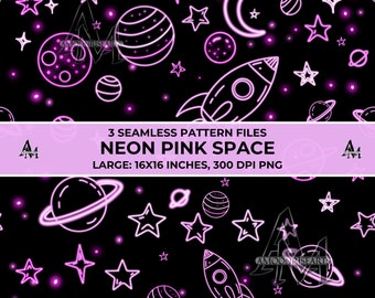 May include: Seamless pattern design featuring neon pink space elements on a black background. The design includes rockets, planets, stars, and a crescent moon. The text "3 Seamless Pattern Files Neon Pink Space Large: 16x16 Inches, 300 DPI PNG" is displayed.