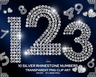 May include: A digital graphic showing silver rhinestone numbers 1, 2, 3, 4, 5, 6, 7, 8, and 9, and two rhinestone hearts. The numbers are constructed from numerous small, sparkling rhinestones. The text at the bottom reads "10 SILVER RHINESTONE NUMBERS TRANSPARENT PNG CLIP ART".