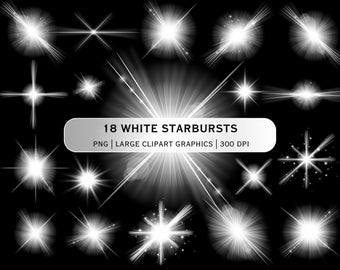 May include: A collection of 18 white starburst clipart graphics on a black background. The graphics vary in design, with radiating lines and bright centers. Text on the image reads "18 WHITE STARBURSTS PNG | LARGE CLIPART GRAPHICS | 300 DPI."