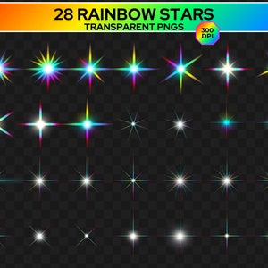 May include: A collection of 28 rainbow-colored star graphics in various designs. The stars have a transparent background and are labeled as PNGs. The image includes text that reads "28 RAINBOW STARS TRANSPARENT PNGS" and "300 DPI".