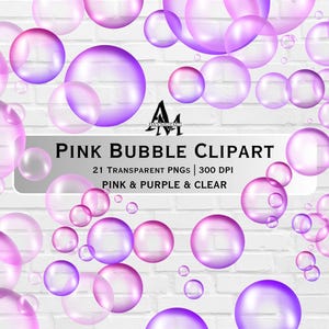 May include: Pink bubble clipart with transparent PNGs in shades of pink, purple, and clear. The image features various sizes of bubbles floating against a white brick wall background. Text on the image reads "Pink Bubble Clipart".