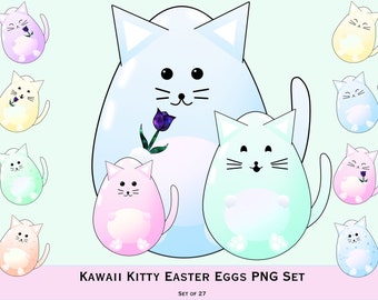 Easter Egg Clip Art, Kawaii Kitty Cute Cat Easter PNG Clipart, Pastel Transparent PNG Bundle, Set of Eggs for Scrapbooking or Printing
