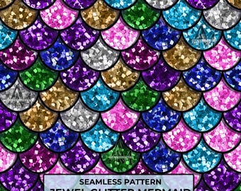 Glitter Mermaid Scales Seamless Pattern, Jewel Tone Digital Paper (Digital Download)