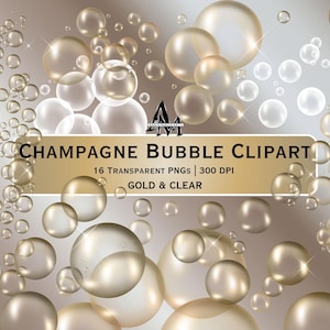 Puede incluir: Clipart de burbujas de champán con burbujas doradas y transparentes. La imagen incluye 16 PNG transparentes a 300 DPI. Las burbujas de varios tamaños están dispersas sobre un fondo degradado, creando un ambiente festivo.