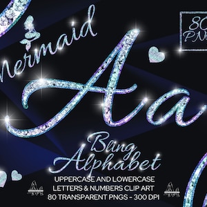 Diamond Alphabet Clipart, Sparkly Mermaid Letters & Bling Numbers Script, Iridescent Crystal Glam Alphabet PNG, Uppercase Lowercase Clip Art