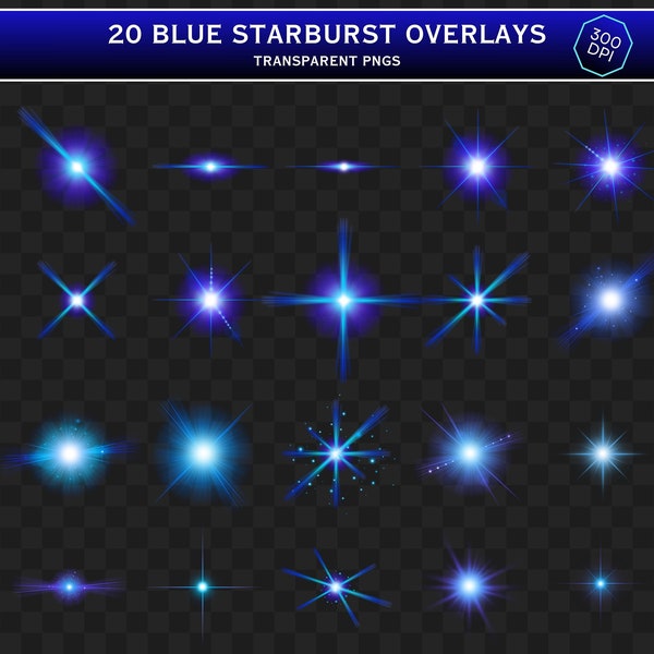 Blue Starburst PNG Overlay - Set of 20 Neon Blue Star Clipart Transparent PNG files, Glowing Light Effects, Galaxy PNGs, Blue Lens Flares