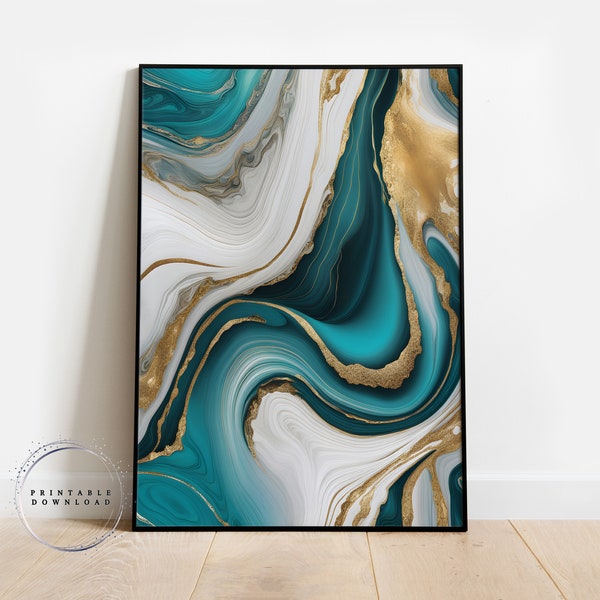 Turquoise Marble Printable Wall Art, Teal Green & Gold Modern Abstract Print, Emerald Home Decor Poster, Luxury Agate Geode Download